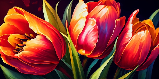 Aquarellillustration von hellen und bunten Tulpen. Tulpen blüht Hintergrund.