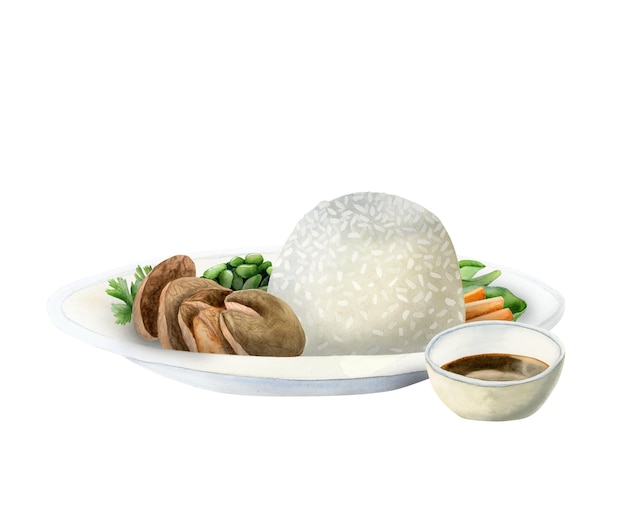 Aquarellillustration von Reis, Schweinefleisch, Gemüse mit Soße auf Platte realistisches asiatisches chinesisches Essen