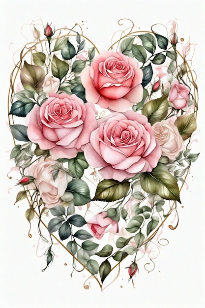 Aquarellillustration von Rosen, Blumen und Herzformen