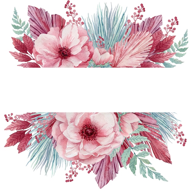 Aquarellillustration von zarten Anemonenblumen und blauen tropischen Zweigen. ein Kranz aus rosa Blüten und blauen Palmblättern.