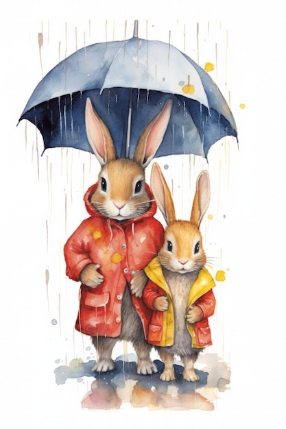 Aquarellillustration von zwei niedlichen Kaninchen im Regenmantel mit Regenschirm