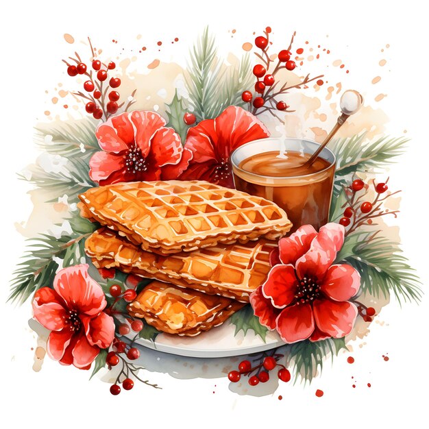 Aquarellillustration Weihnachts gebratenes Huhn und Waffeln