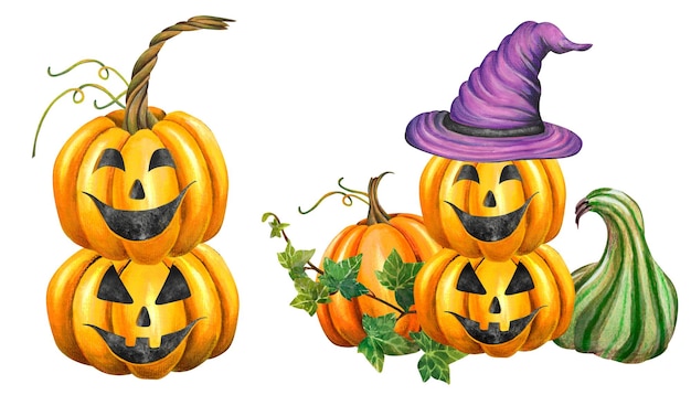 Aquarellillustrationen mit Herbstkürbissen ohne Hintergrund für die Halloween-Feier