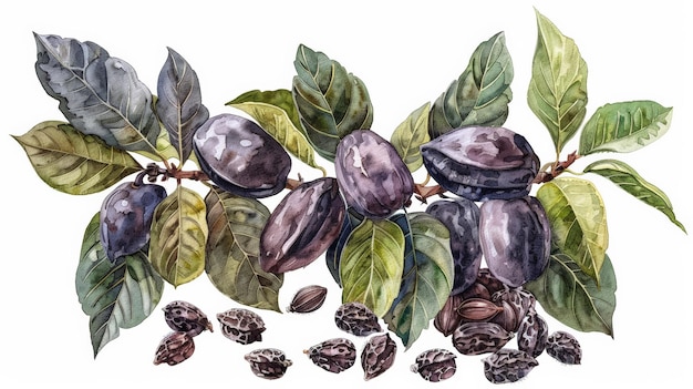 Aquarellillustrationen von Tonka-Bohnen, Früchten, Blättern, Samen, isoliert auf weißem Stockfoto-Stil illu