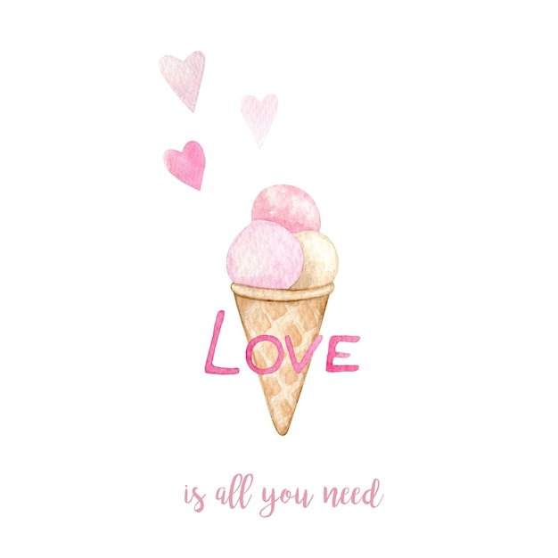 Aquarellillustrations-Valentinstagskarte mit Eiscreme und rosa Herzen lokalisiert auf Weiß