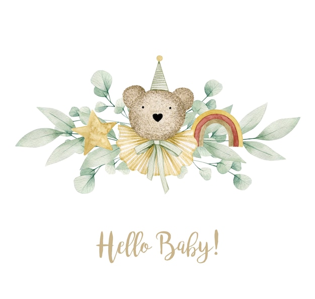 Aquarellillustrationskarte hallo baby mit bären im hut, regenbogen, eukalyptus. Getrennt auf Weiß.