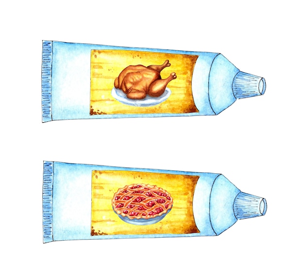 Aquarellillustrationssatz von Lebensmitteln für Astronauten in Truthahn- und Kuchentuben Eine einfache weiße Tube mit einem gelben Etikett und Bildern von Lebensmitteln darauf Mittagessen einweichen Diät isoliert auf weißem Hintergrund