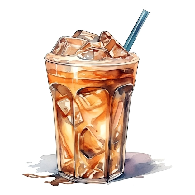 Foto aquarellkaffee in einer tasse eis-latte-karamell-kaffee und tonic