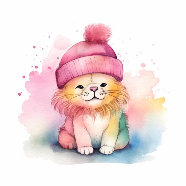 Aquarellkatze mit Hut und rosa Bommel