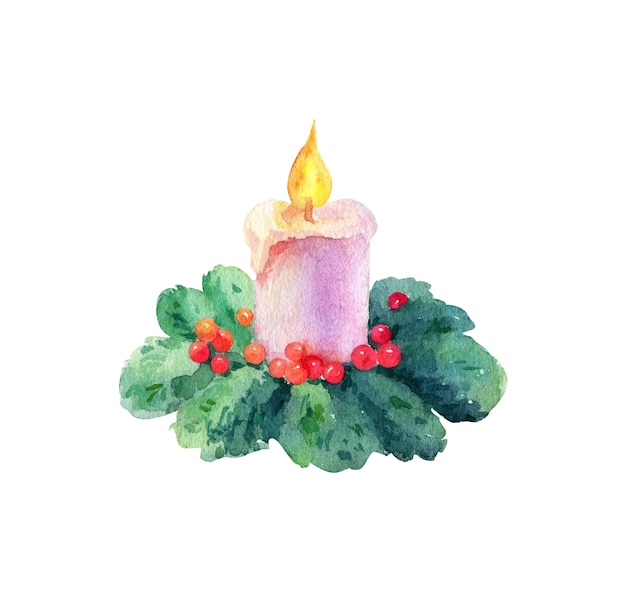 Aquarellkerze mit Weihnachtsbaumzweig auf weißem Hintergrund