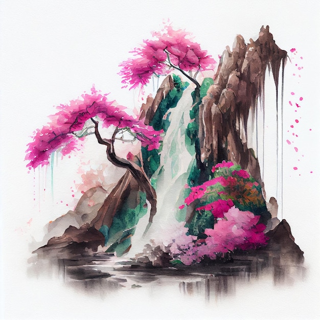 Aquarellkirschblüten-Kirschblüte-Baum mit rosa Blumen und Wasserfalllandschaftsillustration