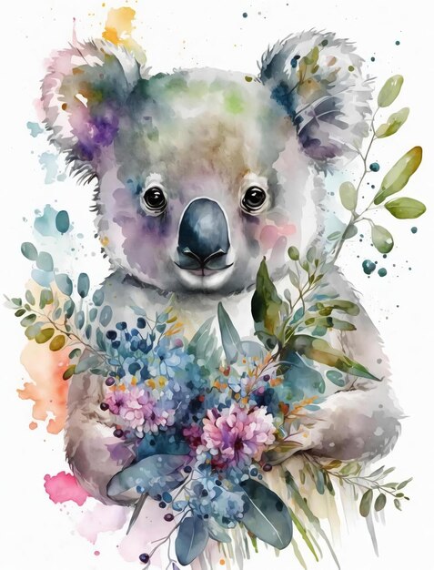 Aquarellkoala mit einem Blumenstrauß