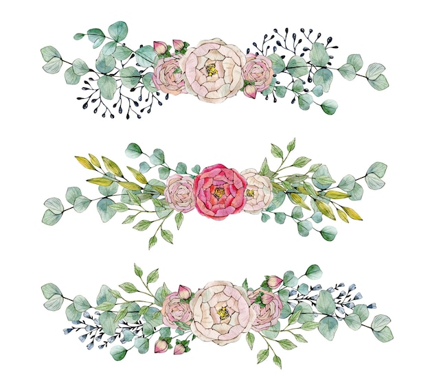 Aquarellkomposition aus Rosen und Eukalyptus in Pastellfarben Element für Design-Grußkarte