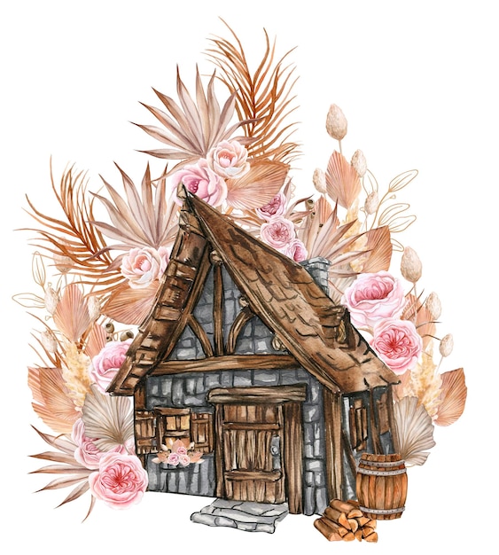 Aquarellkomposition eines alten Bauernhauses aus Holz und rosafarbener Blume Handgezeichnete Illustration