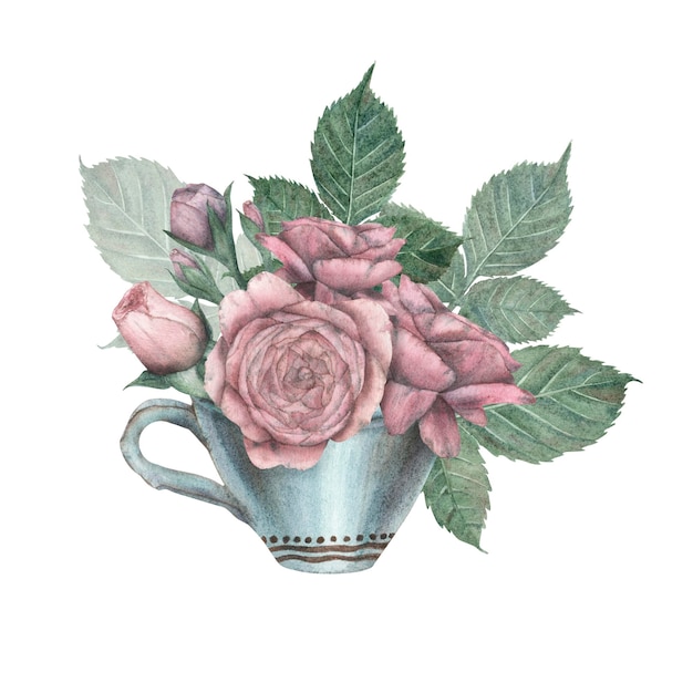 Aquarellkomposition eines Porzellanbecherbechers mit einem rosa Bouquet von Rosen, isoliert auf weißem Hintergrund im Vintage-Stil blauer Becher Aquarellillustration Vorlage für das Design von Postkarten