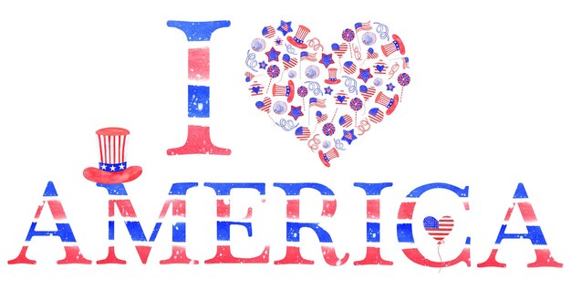 Aquarellkomposition „Ich liebe Amerika“ für den US-Unabhängigkeitstag. Elemente befinden sich auf einem weißen Hintergrund, um Poster, Banner, Karten, Druckmaterialien und Drucke zu erstellen