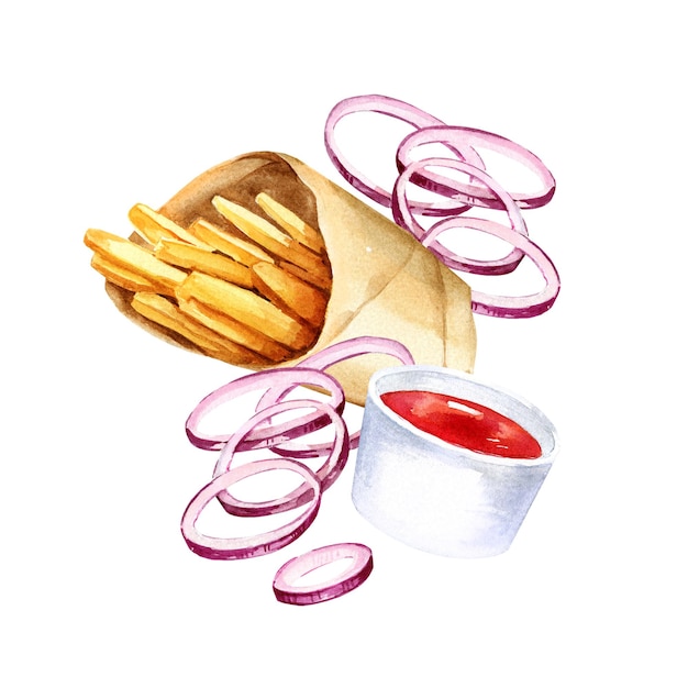 Aquarellkomposition mit Fast-Food-Handgezeichneter Illustration von Zwiebelscheiben gebratener Kartoffeln
