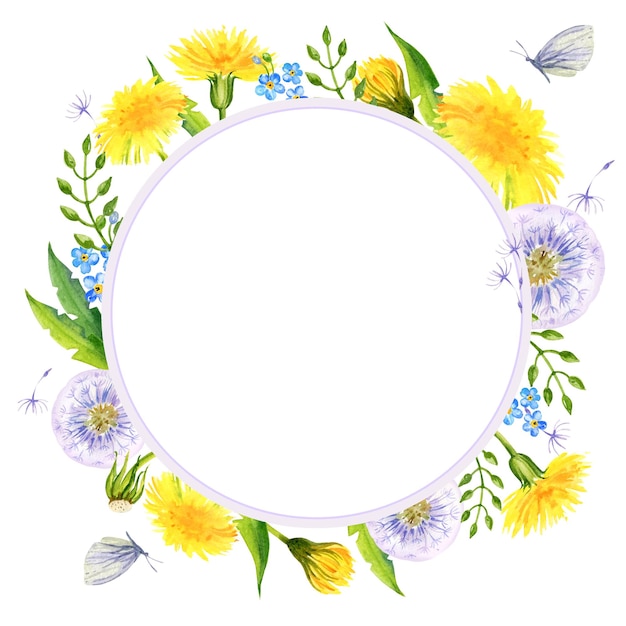 Aquarellkränze mit Sommerfeldblumen, Handzeichnung, runder Rahmen aus gelben Löwenzahn und Blaskugel