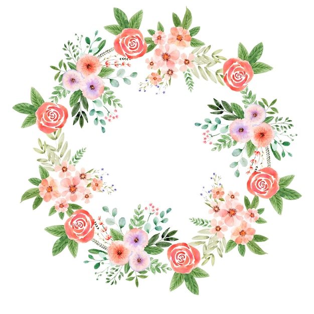 Aquarellkranz mit festlichen Blumensträußen und einzelnen Elementen von Blumensträußen