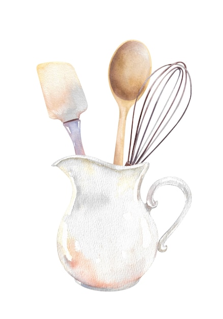 Aquarellkrug mit Holzlöffel, Spatel und Schläger Küchenwaren Hand ertrunkene Illustration
