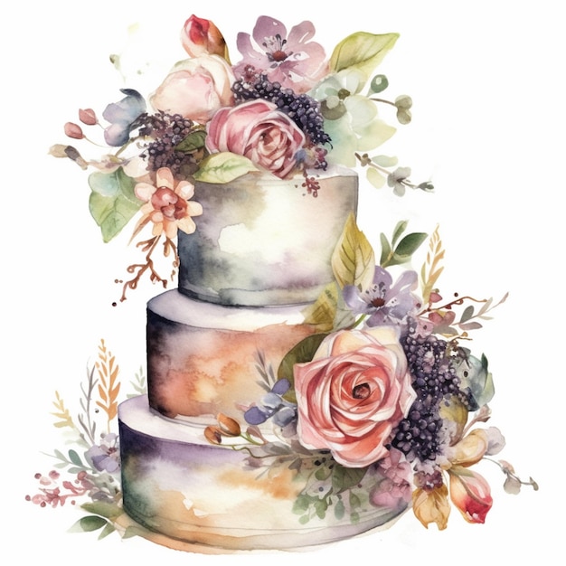 Aquarellkuchen mit Blumen auf weißem Hintergrund