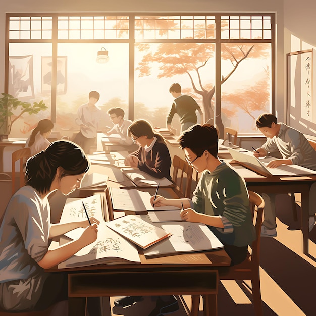 Aquarellkunst der chinesischen Kalligraphie-Klasse. Ernsthafte Schüler folgen dem Lehrer-Dongzhi-Fest