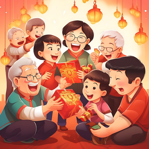 Aquarellkunst der Verteilung von Glücksgeld Älteste geben Hongbao an Kinder bei einem Dongzhi-Fest