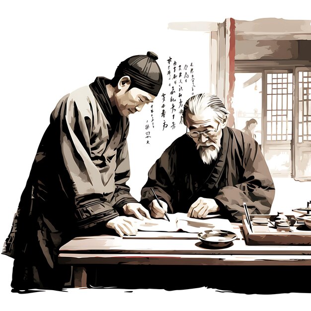Aquarellkunst des Ältesten lehrt Kalligraphie. Älterer Mentor teilt Kunst. Aufmerksames Dongzhi-Festival