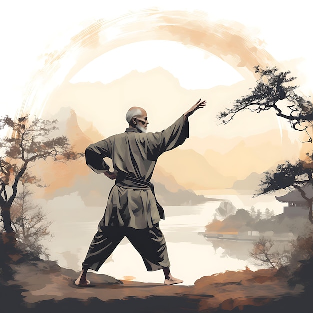 Aquarellkunst eines Ältesten, der Tai Chi macht. Ein alter Mann übt formfokussiertes Expressi-Dongzhi-Festival