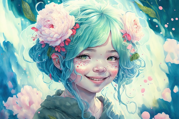 Aquarellkunststilbild des kleinen geschnittenen Mädchens in den Pastellrosa- und -blaufarben