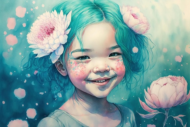 Aquarellkunststilbild des kleinen geschnittenen Mädchens in den Pastellrosa- und -blaufarben