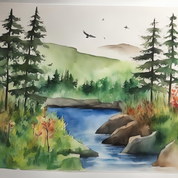 Aquarelllandschaft eines Gebirgsflusses mit Bergen, Bäumen, Wolken, Fluss, Fluss, Bergmalerei