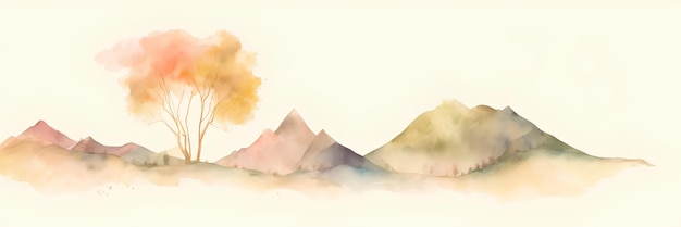 Aquarelllandschaft, gemalte Berge und Hügel, AI-Generation, Panorama