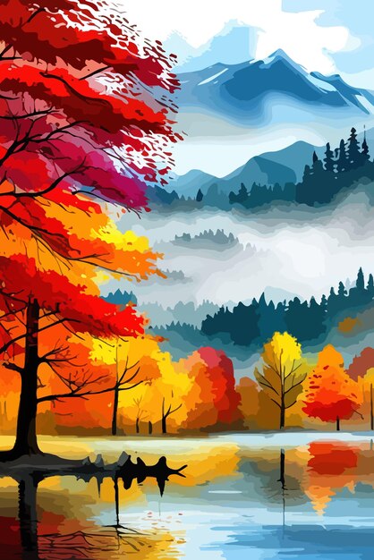 Aquarelllandschaft Herbstwald am Seeufer Vektorillustration Herbstbäume am Ufer eines ruhigen Waldsees oder Teiches an sonnigen Herbsttagen