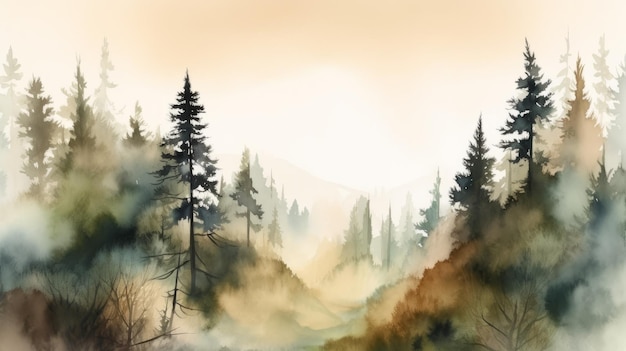 Aquarelllandschaft Nadel- und Morgenwald KI generativ