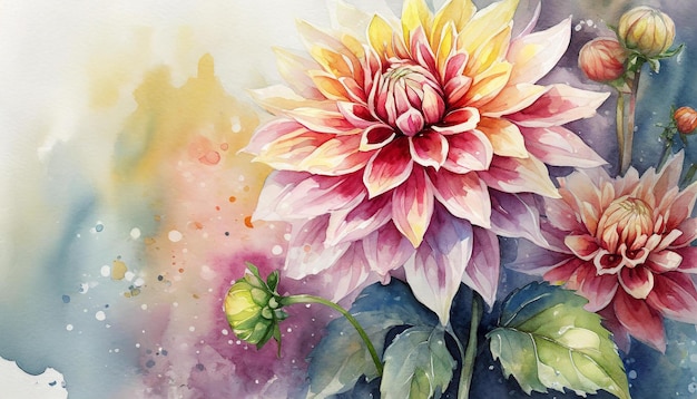 Aquarellmalerei der Dahlia-Blumen Botanische handgezeichnete Kunst Schöne Blumenkomposition