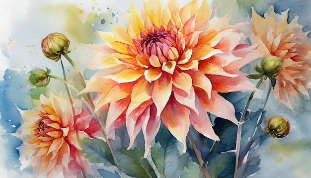 Aquarellmalerei der Dahlia-Blumen Botanische handgezeichnete Kunst Schöne Blumenkomposition
