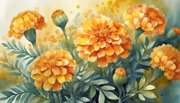 Aquarellmalerei der Marigoldblume Botanische handgezeichnete Kunst Schöne Blumenkomposition