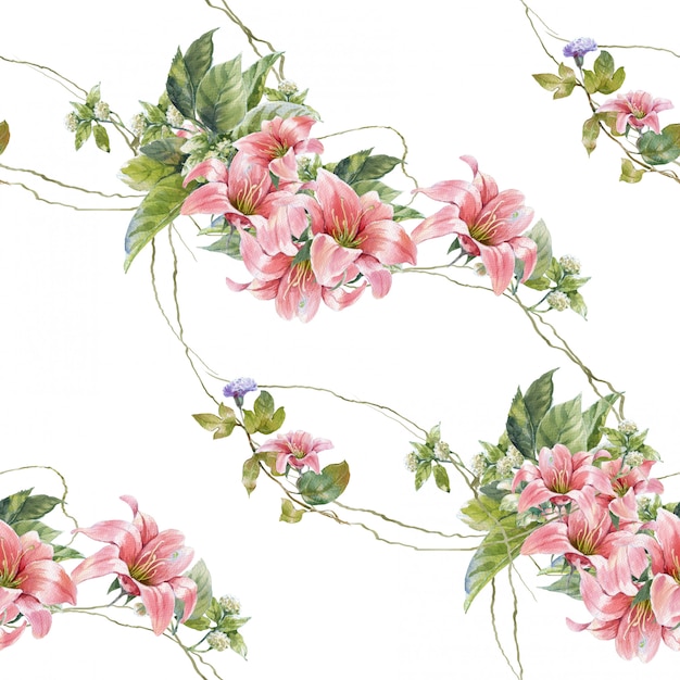 Aquarellmalerei des Blattes und der Blumen, nahtloses Muster auf weißem Hintergrund