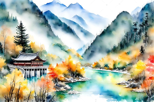 Aquarellmalerei des chinesischen Pavillons im herbstlichen Wald, handgezeichnete Illustration