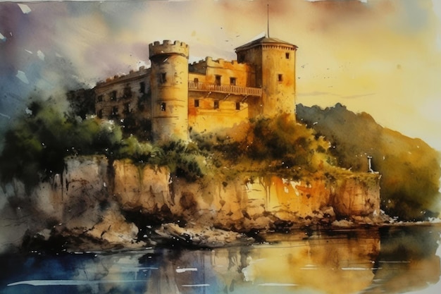 Aquarellmalerei des Schlosses Bellver auf Mallorca bei Sonnenuntergang