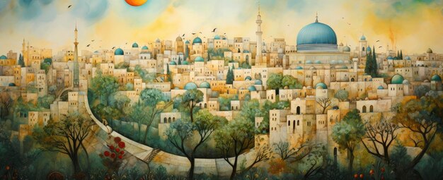 Aquarellmalerei, die die Altstadt Jerusalems darstellt