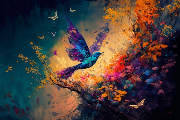 Aquarellmalerei digitale Kunst hohe Qualität eines Waldes mit Vögeln.