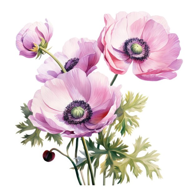 Aquarellmalerei einer Anemone mit weißem Hintergrund