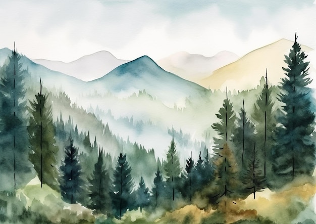 Aquarellmalerei einer Berglandschaft mit Bäumen und Bergen im Hintergrund.