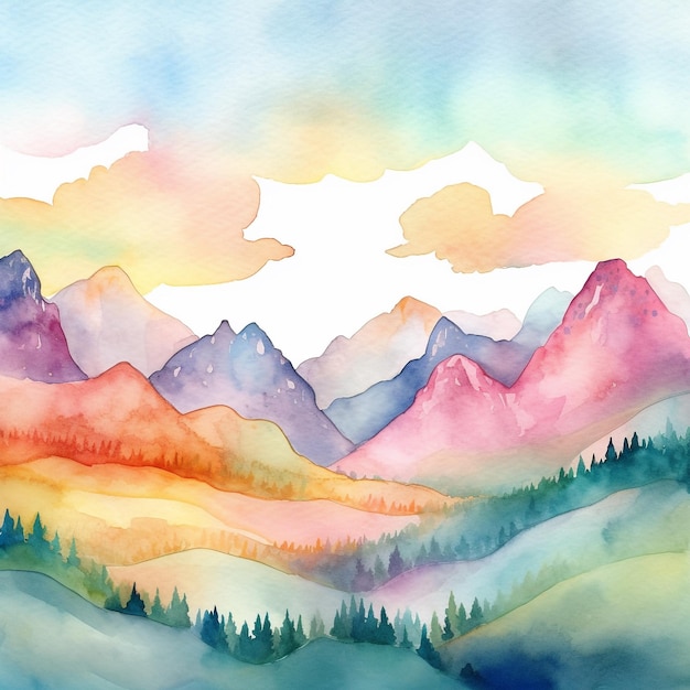 Foto aquarellmalerei einer berglandschaft mit bergen und bäumen.