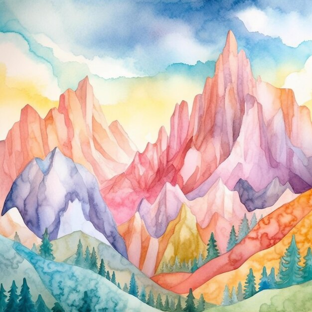 Foto aquarellmalerei einer berglandschaft mit berglandschaft und bäumen.