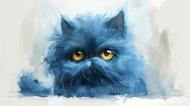 Aquarellmalerei einer blauen persischen Katze auf weißem Hintergrund