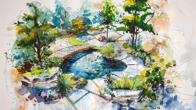 Aquarellmalerei einer Brücke über einen Fluss