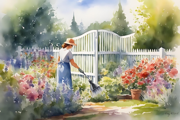 Aquarellmalerei einer Frau, die im Garten arbeitet, in druckbarer Qualität